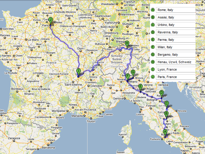 Planned Rome - Swizerland - Paris Route, July 1-30